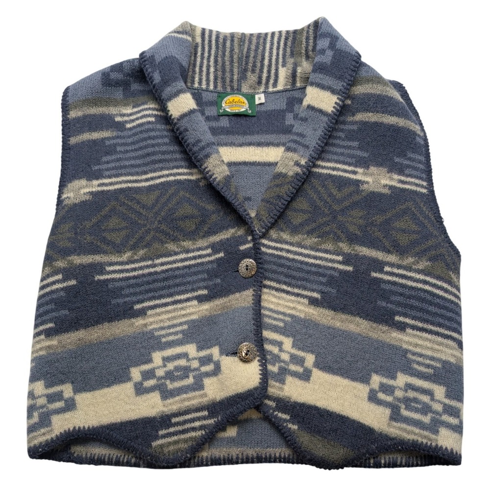 Vintage Made In USA Cabela's Wool Vest Women M Blue Southwestern Shawl Collar